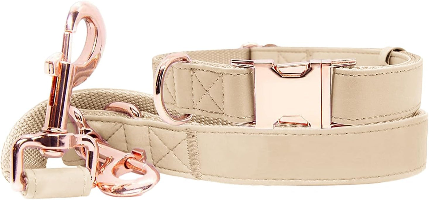 Soft Leather Dog Collar and Leash (6.6') Set - Stylish Rose Gold Heavy Duty Metal Buckle, 4 Adjustable Lengths Leash for Small Medium Large Dogs - Comfortable & Easy to Clean Pink M(13.8"-19.7")