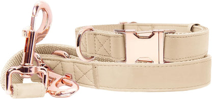 Soft Leather Dog Collar and Leash (6.6') Set - Stylish Rose Gold Heavy Duty Metal Buckle, 4 Adjustable Lengths Leash for Small Medium Large Dogs - Comfortable & Easy to Clean Pink M(13.8"-19.7")