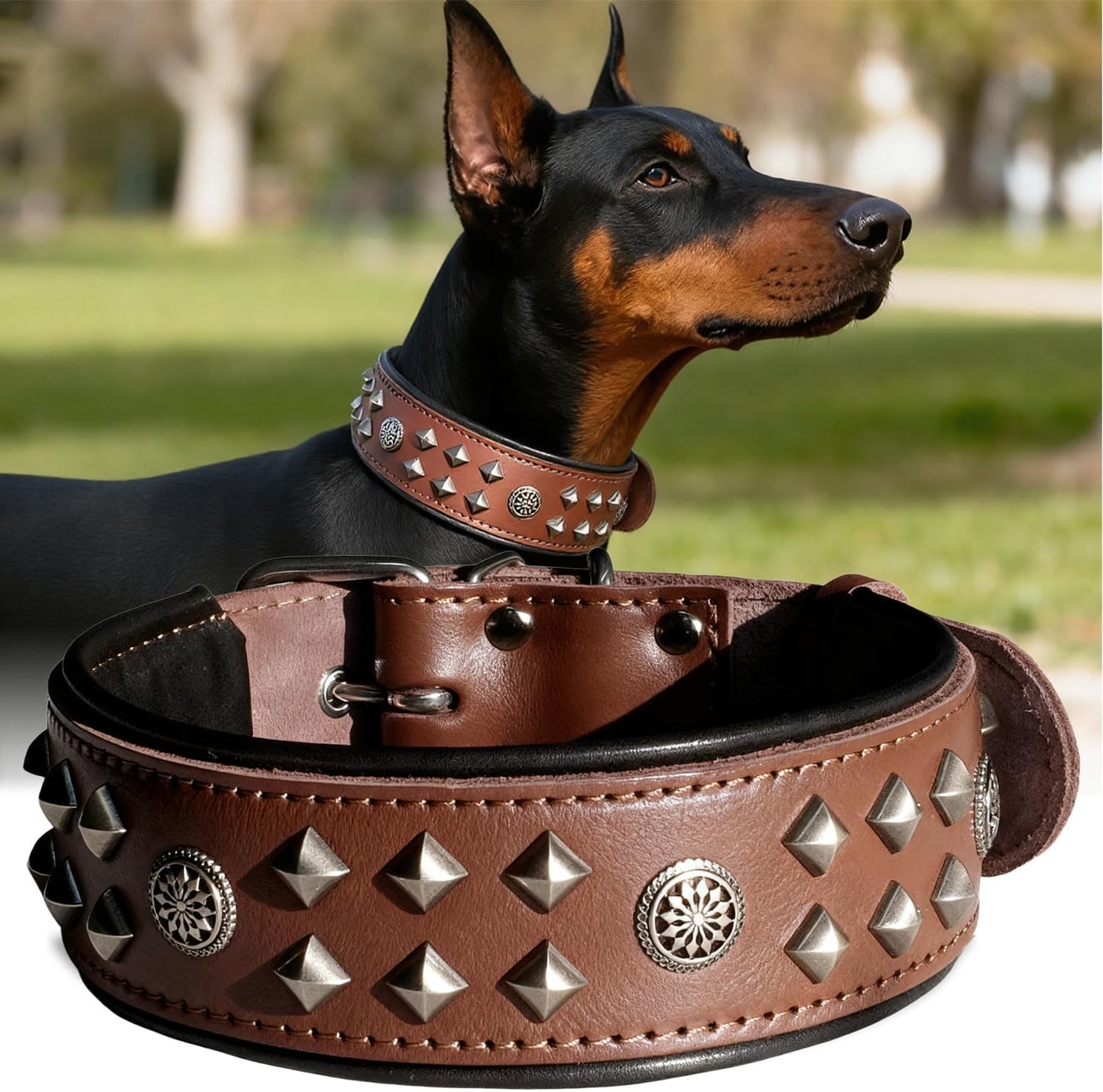 Eliteguard Genuine Leather Dog Collar, 2.2-Inch Handmade Studded with Stainless Steel Buckle, Daily Wear for Large Dogs, Brown 14-18.5 In