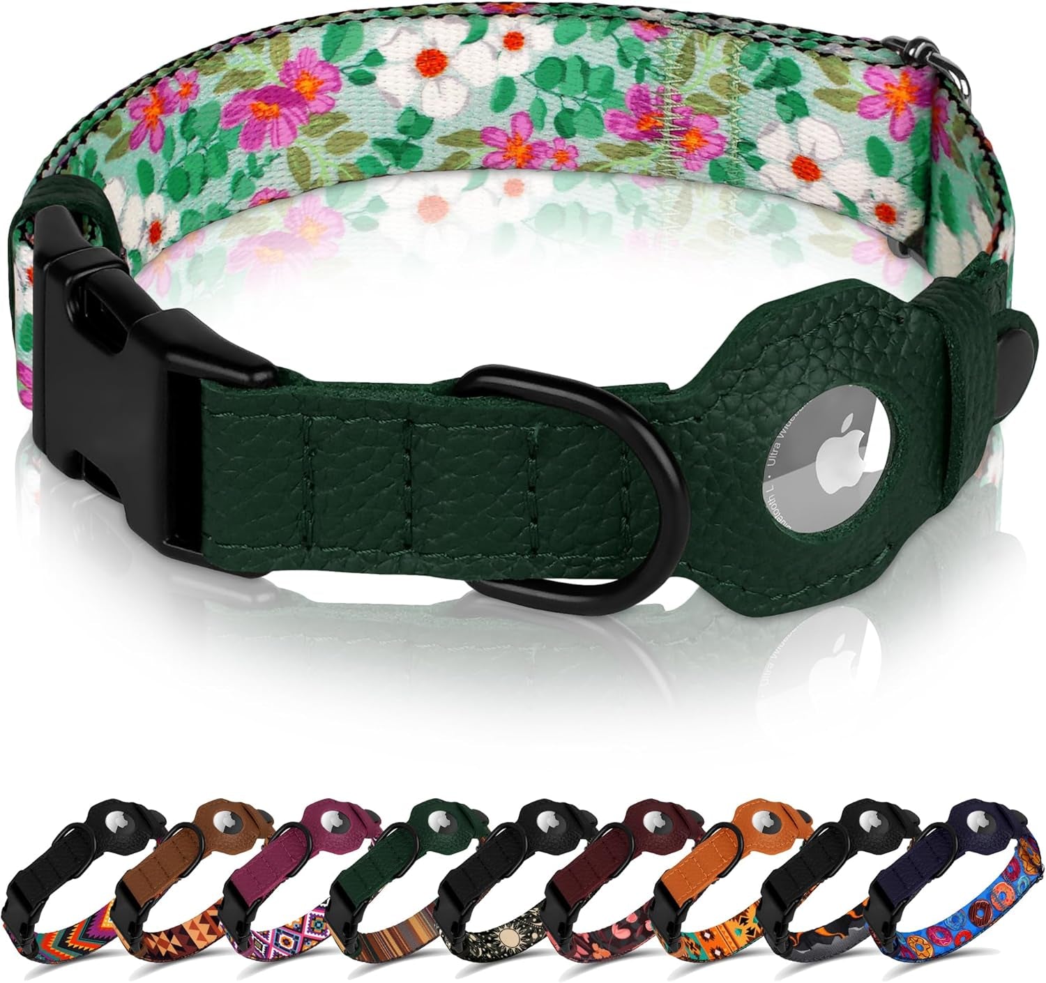 Airtag Dog Collar with Metal Buckle - Printed Nylon Soft Leather Dog Collar with Apple Airtag Holder - Secure Tracking GPS Pet Collars for Girl Boy Small Large Dogs (L, 17"-21" Neck Fit, Striped)