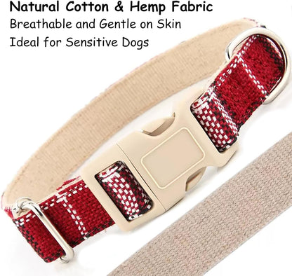 Cotton Hemp Pet Collar, Adjustable Collar for Dogs and Cats, Heavy Duty and Soft on Skin, Holiday Red Plaid, Medium Size