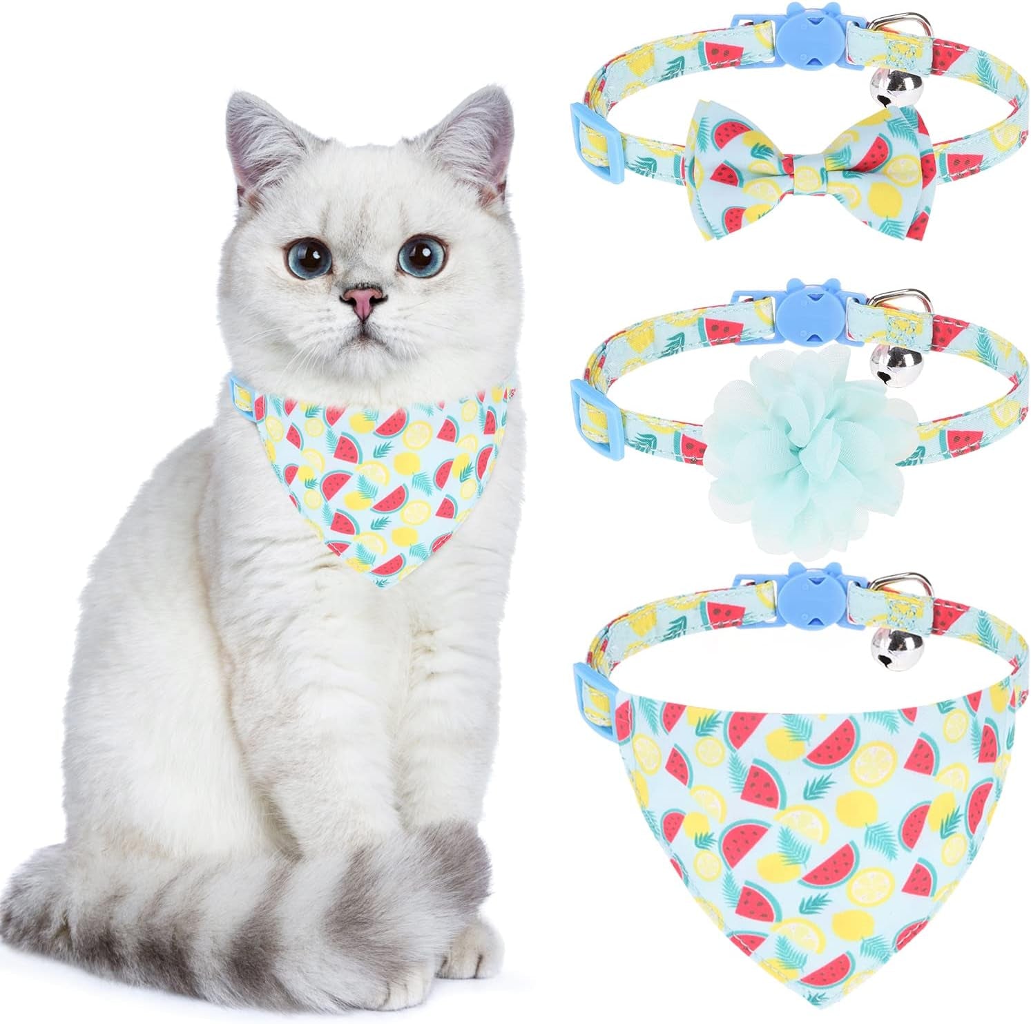 Breakaway Cat Collars with Bell & Cute Pendants, 3 Pack Safety Buckle Kitten Collars, Adjustable Pet Collar Ideal for Girl Boy Cats Puppy (Fruit Pattern)