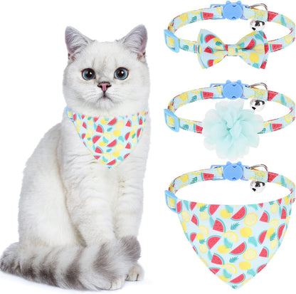 Breakaway Cat Collars with Bell & Cute Pendants, 3 Pack Safety Buckle Kitten Collars, Adjustable Pet Collar Ideal for Girl Boy Cats Puppy (Fruit Pattern)