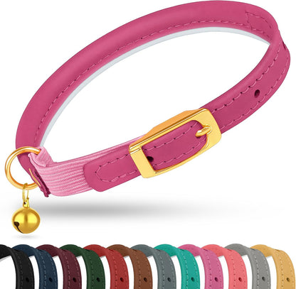 Rolled Leather Cat Collar with Bell - Reflective Kitten Collar with Safety Elastic Strap - Adjustable Small Pet Collars for Boy Girl Cats (Fuchsia)