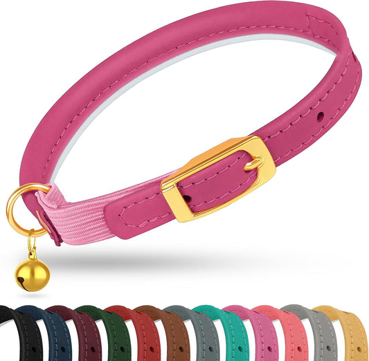 Rolled Leather Cat Collar with Bell - Reflective Kitten Collar with Safety Elastic Strap - Adjustable Small Pet Collars for Boy Girl Cats (Fuchsia)