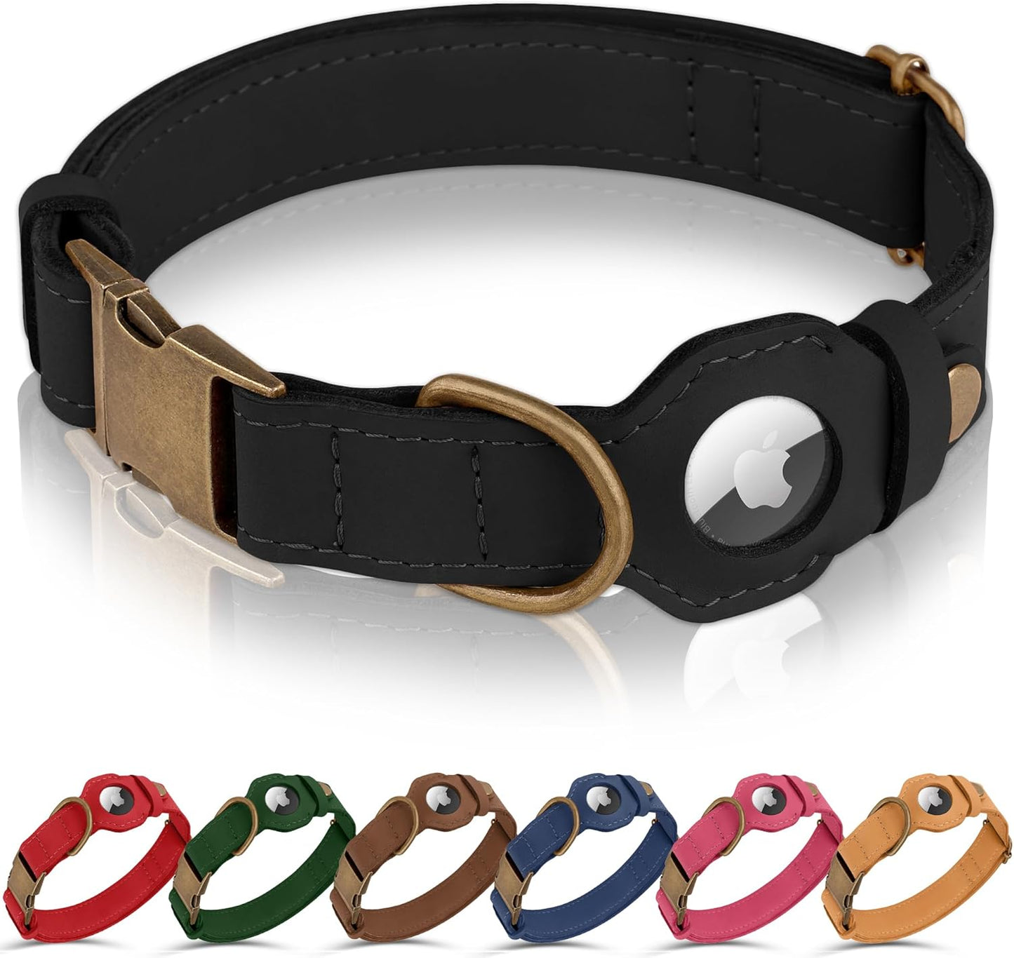 Airtag Dog Collar - Genuine Leather Dog Collar with Apple Airtag Holder and Metal Buckle - Smart GPS Tracking Pet Collars (Pink, S, 12"-15" Neck Fit)
