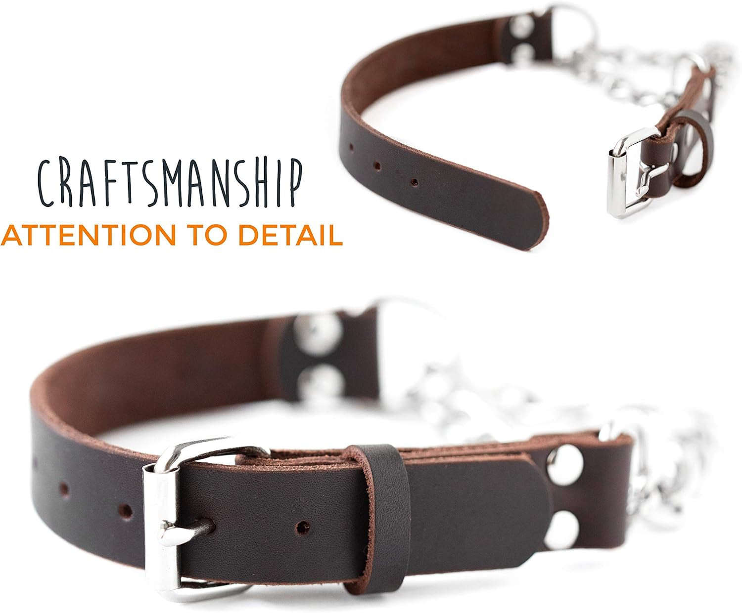 Martingale Dog Collar - No Pull Design - Stainless Steel Chain - Limited Chain Cinch Training - Brown Leather Martingale Training Collar - Small Size