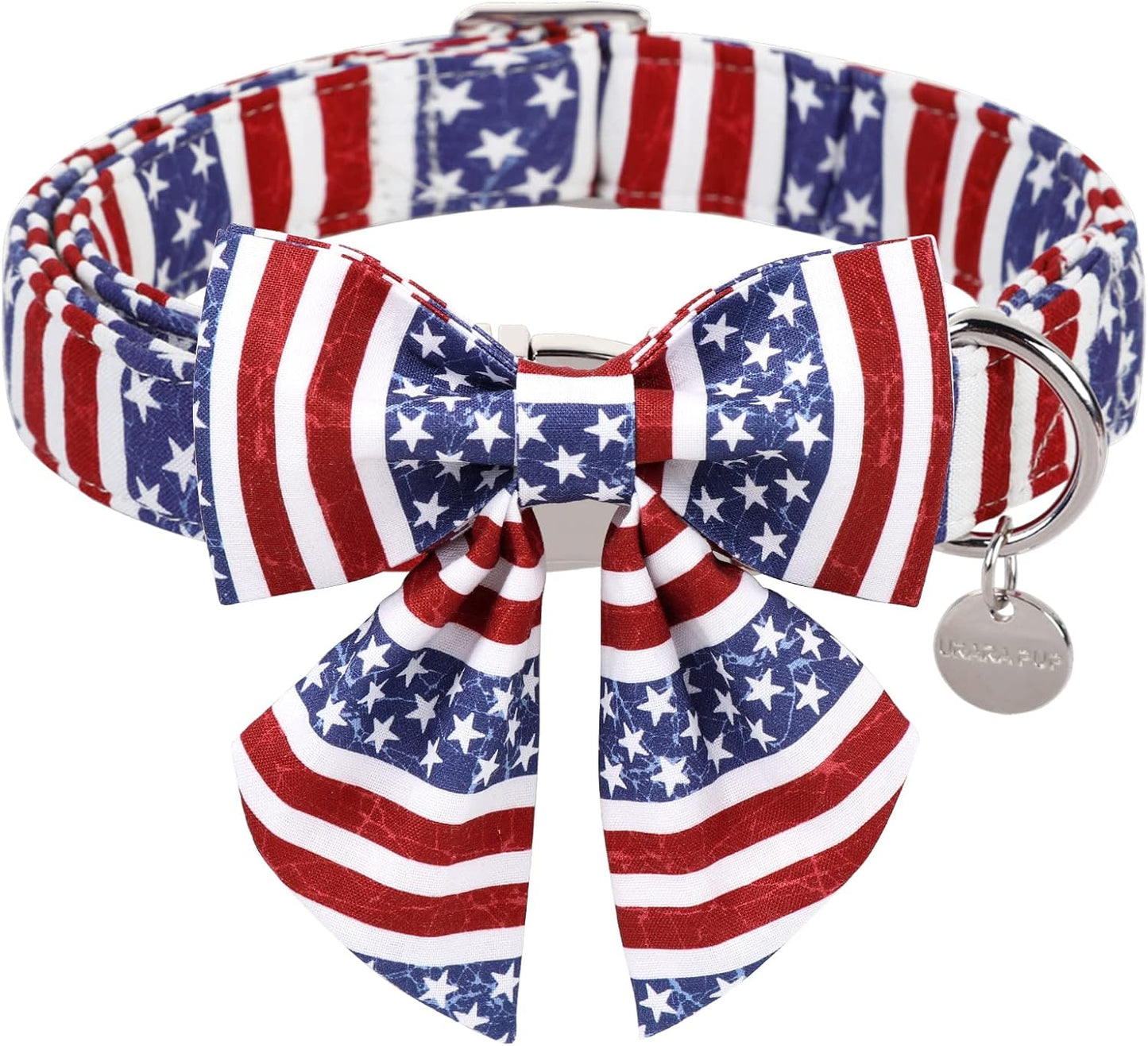 Patriotic Dog Collar with Bow Tie - 4th of July Comfortable Cotton American Flag Design for Large Dogs, Stylish Metal Buckle