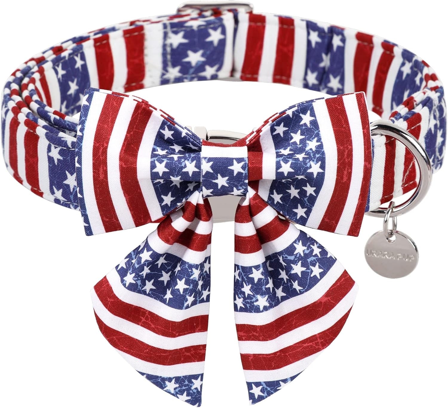 Patriotic Dog Collar with Bow Tie - 4th of July Comfortable Cotton American Flag Design for Large Dogs, Stylish Metal Buckle