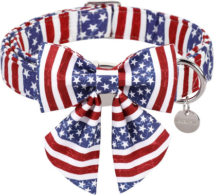 Patriotic Dog Collar with Bow Tie - 4th of July Comfortable Cotton American Flag Design for Large Dogs, Stylish Metal Buckle