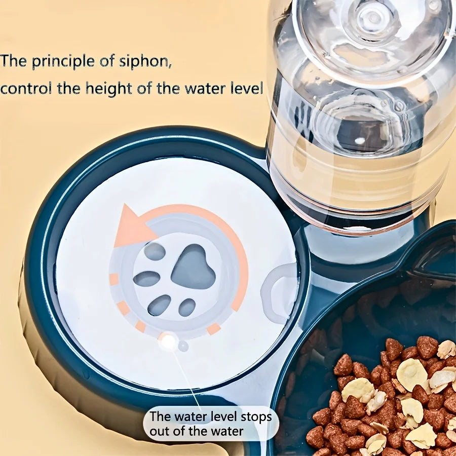Pet Bowls with Water Feeder, 3 in 1 Ear Design Tilted Cat Water and Food Bowl Set with Gravity Water Bottle for Neck Protection