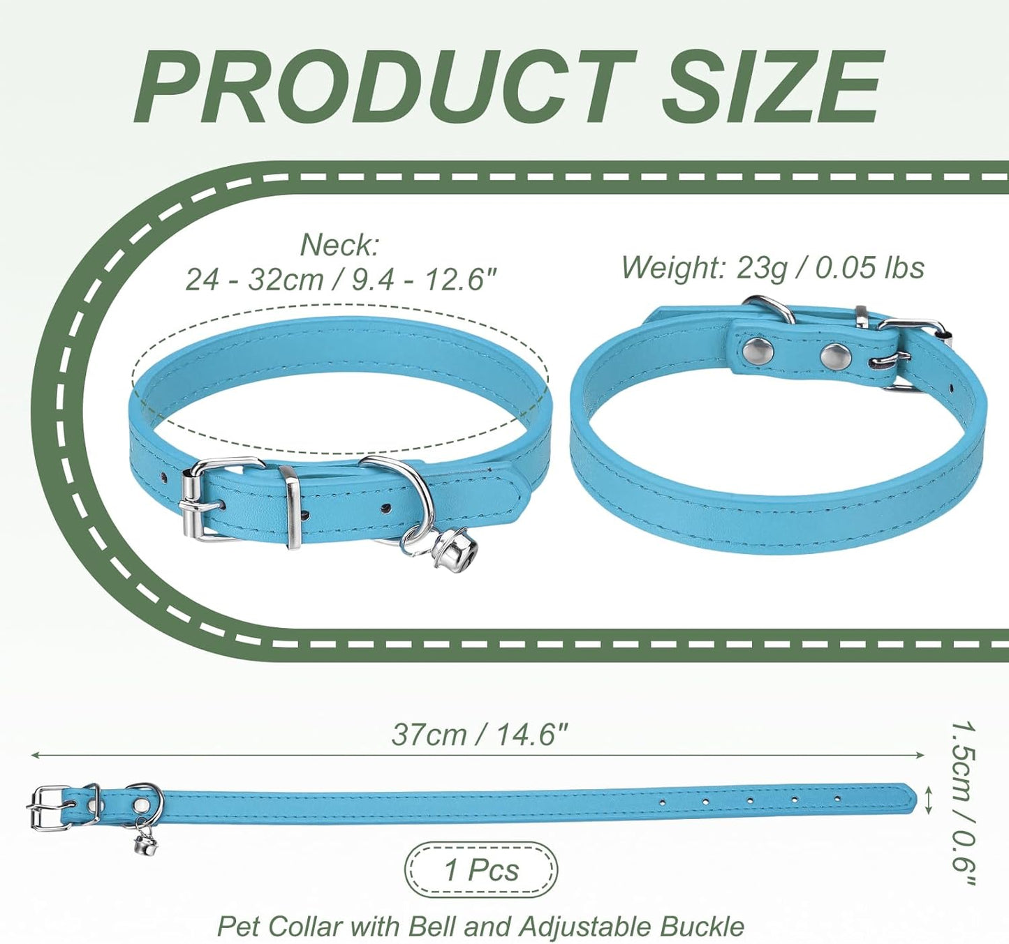 Dog Collar with Bell, Pu Leather Cat Collars Pet Basic Soft Padded Adjustable Buckle, 14.5" (Blue, 1 Pcs), Intended for Teacup/Little Dog/Kitten Cats/Small Animals