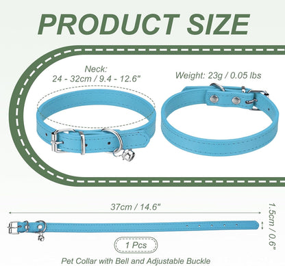 Dog Collar with Bell, Pu Leather Cat Collars Pet Basic Soft Padded Adjustable Buckle, 14.5" (Blue, 1 Pcs), Intended for Teacup/Little Dog/Kitten Cats/Small Animals