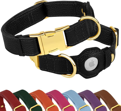 Leather Airtag Dog Collar - Soft Tracking Dog Collar with Apple Airtag Holder and Metal Buckle - Safety GPS Pet Collars for Small Medium Large Dogs Puppy Pink Red (Purple, XS, 9"-12" Neck Fit)