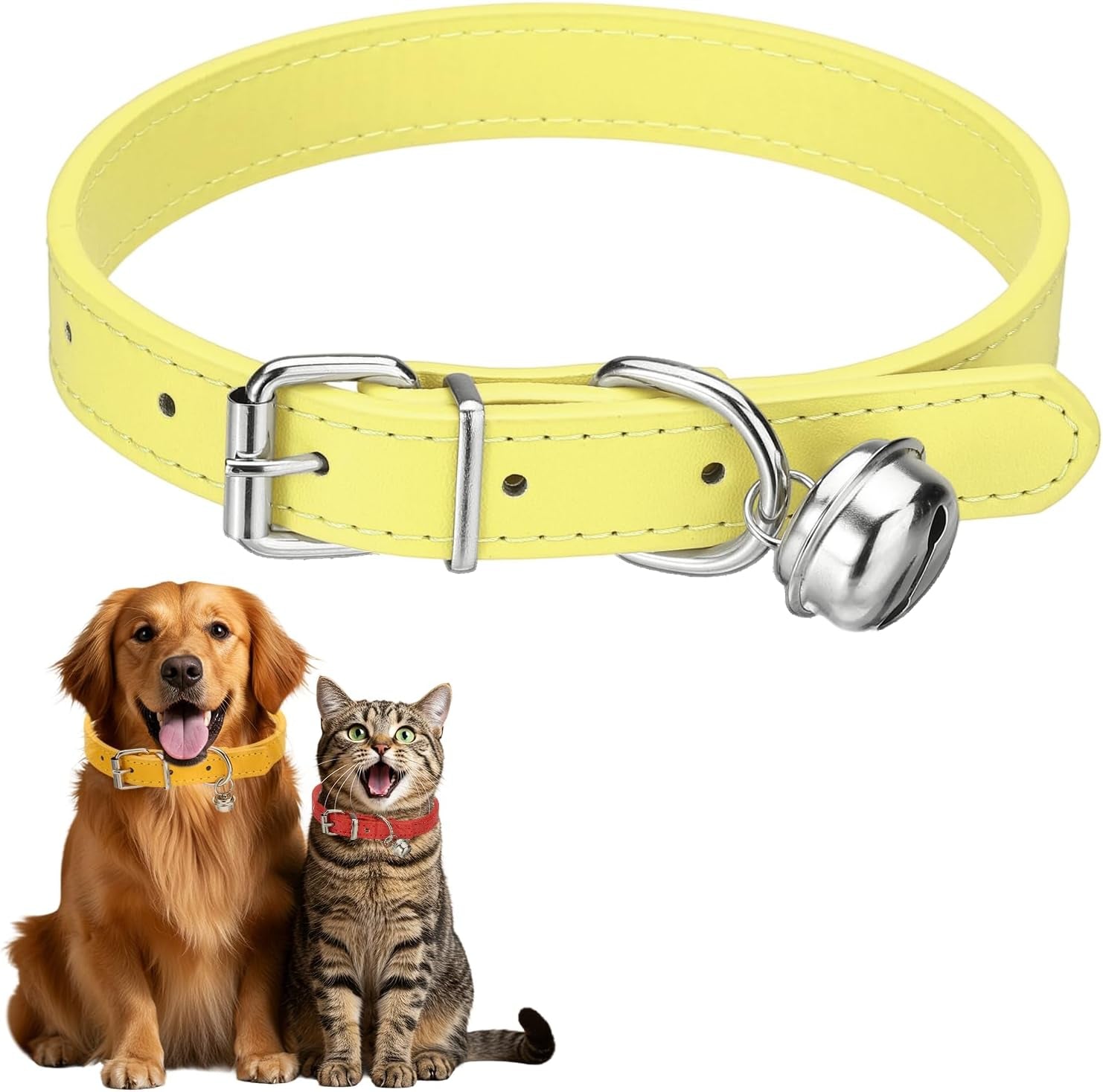 Dog Collar with Bell, Pu Leather Cat Collars Pet Basic Soft Padded Adjustable Buckle, 14.5" (Blue, 1 Pcs), Intended for Teacup/Little Dog/Kitten Cats/Small Animals