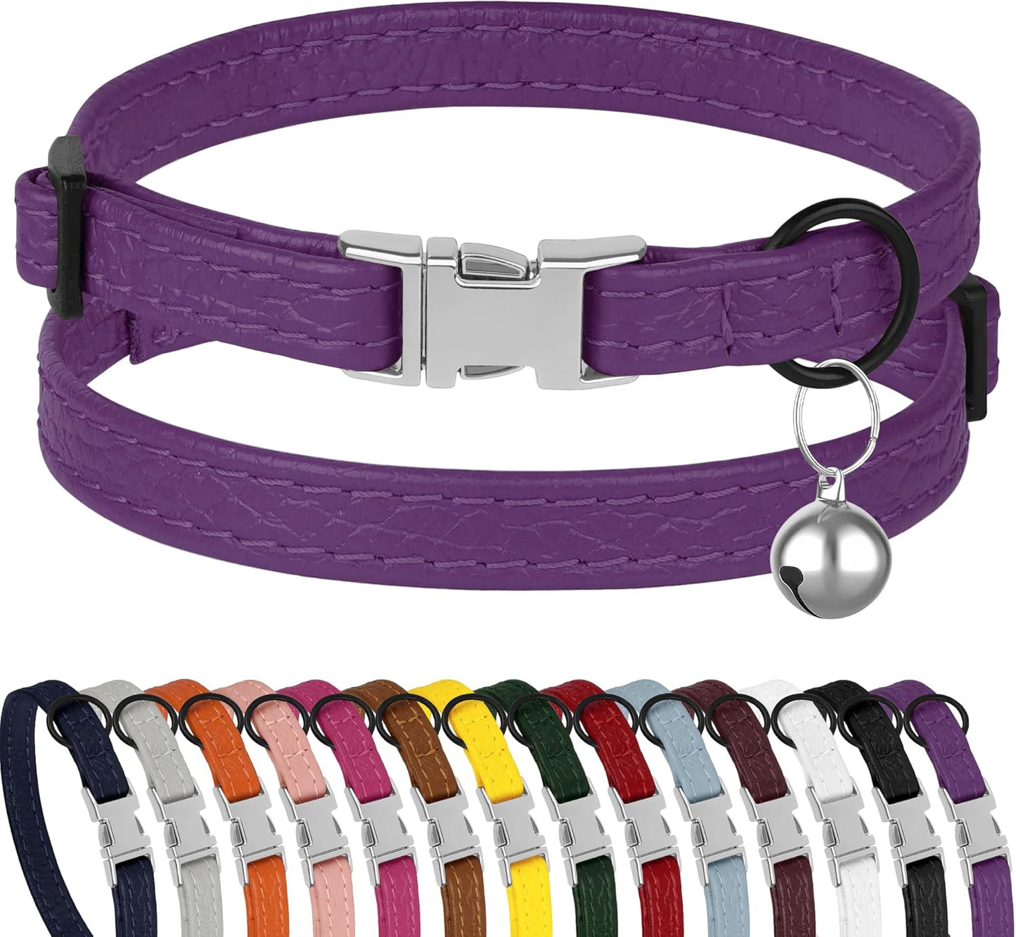 Leather Cat Collar with Buckle and Removable Bell - Non Breakaway Adjustable Soft Safety Small Pet Collars for Girl Boy Cats Kitten (Black)