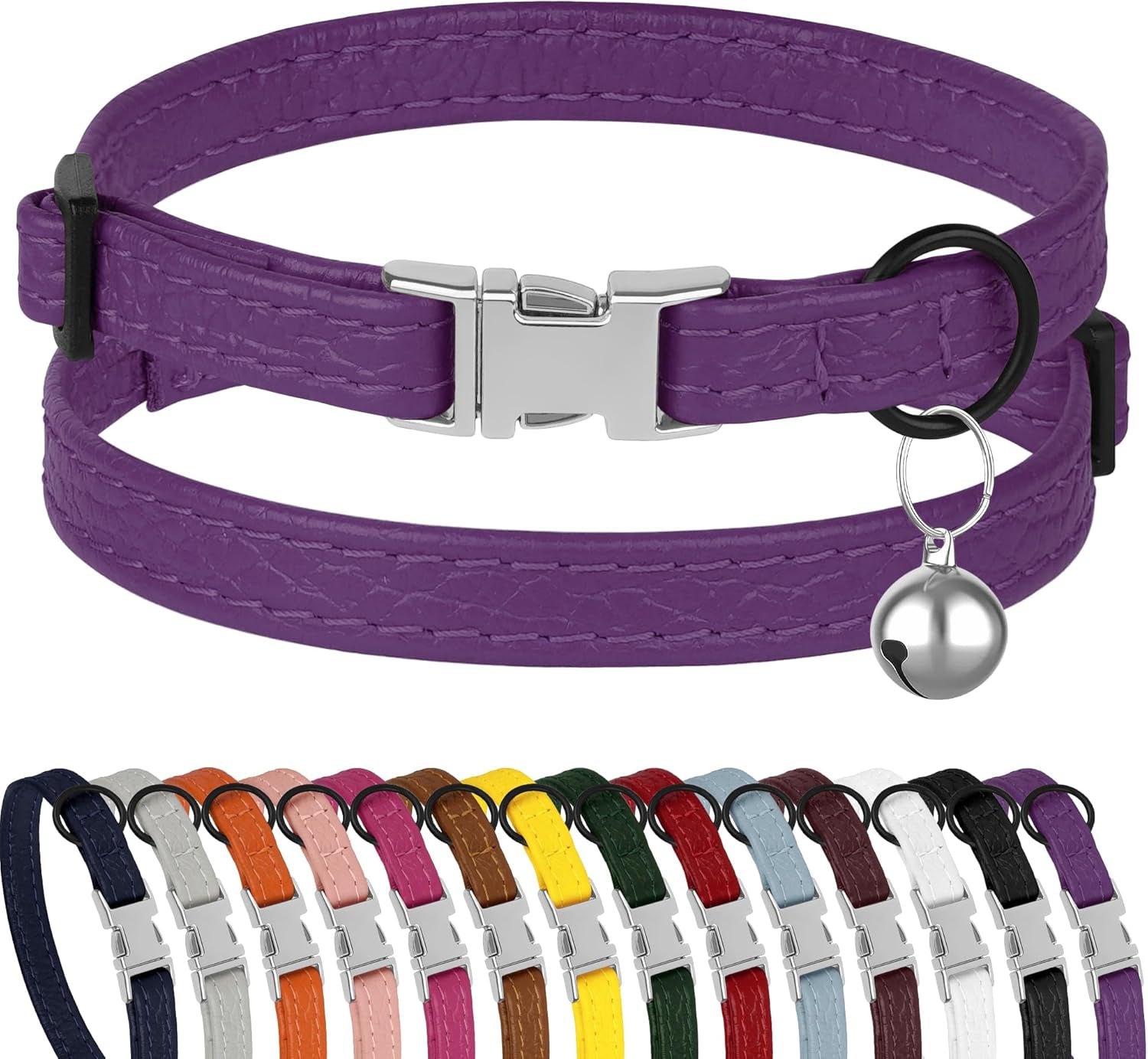 Leather Cat Collar with Buckle and Removable Bell - Non Breakaway Adjustable Soft Safety Small Pet Collars for Girl Boy Cats Kitten (Black)