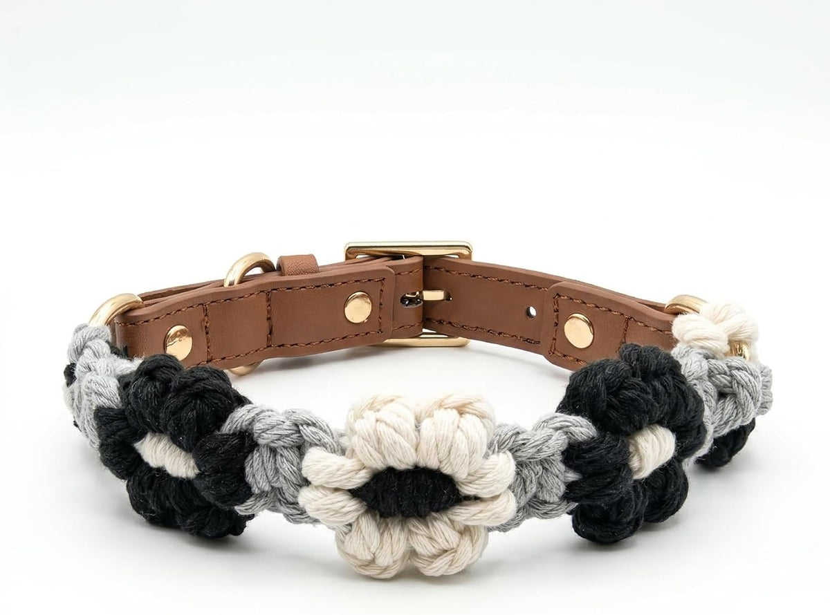 Chic Hand-Knitted Flower Dog Collar - Durable Leather with Adjustable Metal Buckle for All Sizes (Brown, L 15-19In)