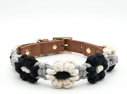 Chic Hand-Knitted Flower Dog Collar - Durable Leather with Adjustable Metal Buckle for All Sizes (Brown, L 15-19In)