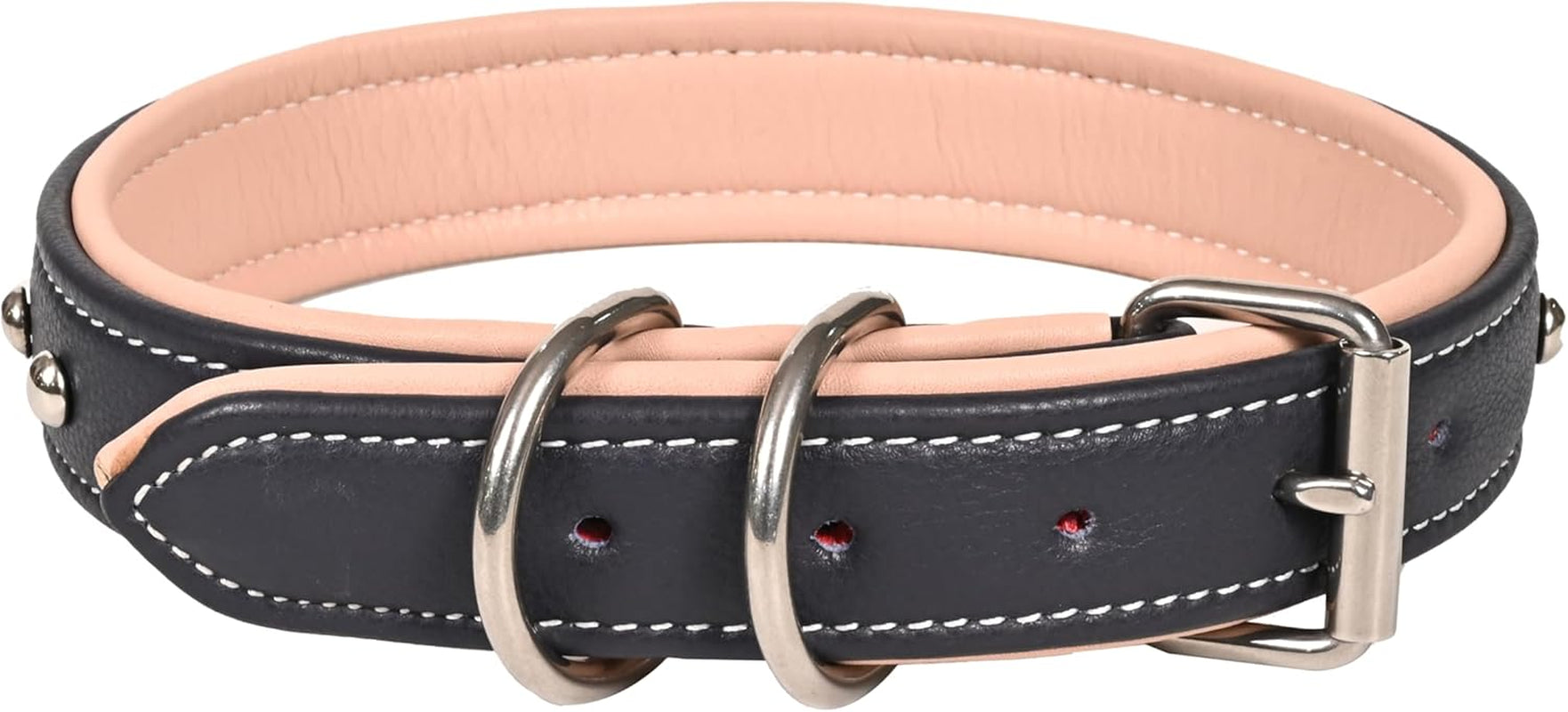 Genuine Leather Dog Collar, Heavy Duty Adjustable Durable Padded Neck Belt with Strong Metal Buckle & D-Ring for Walking, Training & Running - Dark Blue and Pink (Small: Fits 15–19" Necks)