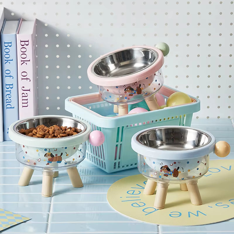 Cute Pet Stainless Steel High-Legged Cat Food Bowl, Dachshund Pattern Design, Detachable, Easy to Clean, Dual-Use Pet Bowl