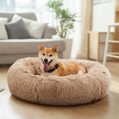 24 Inch Fluffy Donut Dog Bed for Small/Medium Dog, Medium Calming Pet Bed, Soft Plush, Anti-Anxiety, Machine Washable, Brown