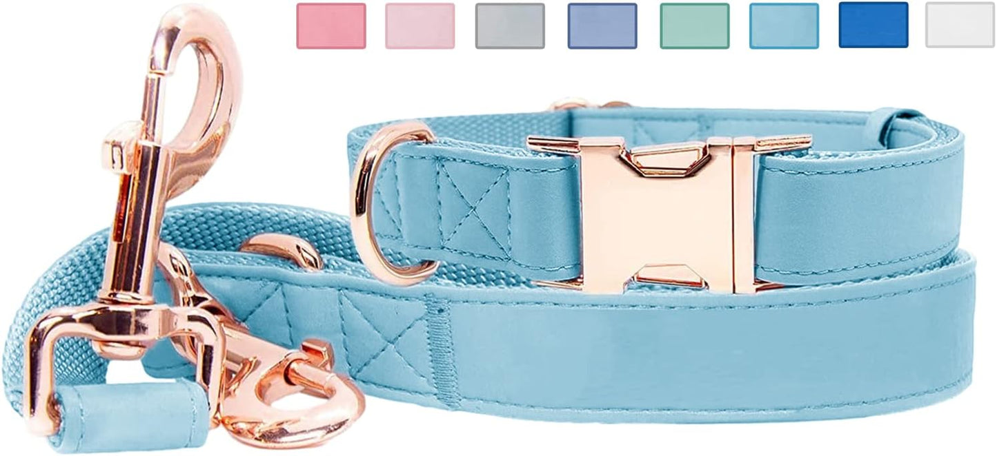 Soft Leather Dog Collar and Leash (6.6') Set - Stylish Rose Gold Heavy Duty Metal Buckle, 4 Adjustable Lengths Leash for Small Medium Large Dogs - Comfortable & Easy to Clean Pink M(13.8"-19.7")