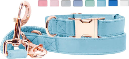 Soft Leather Dog Collar and Leash (6.6') Set - Stylish Rose Gold Heavy Duty Metal Buckle, 4 Adjustable Lengths Leash for Small Medium Large Dogs - Comfortable & Easy to Clean Pink M(13.8"-19.7")