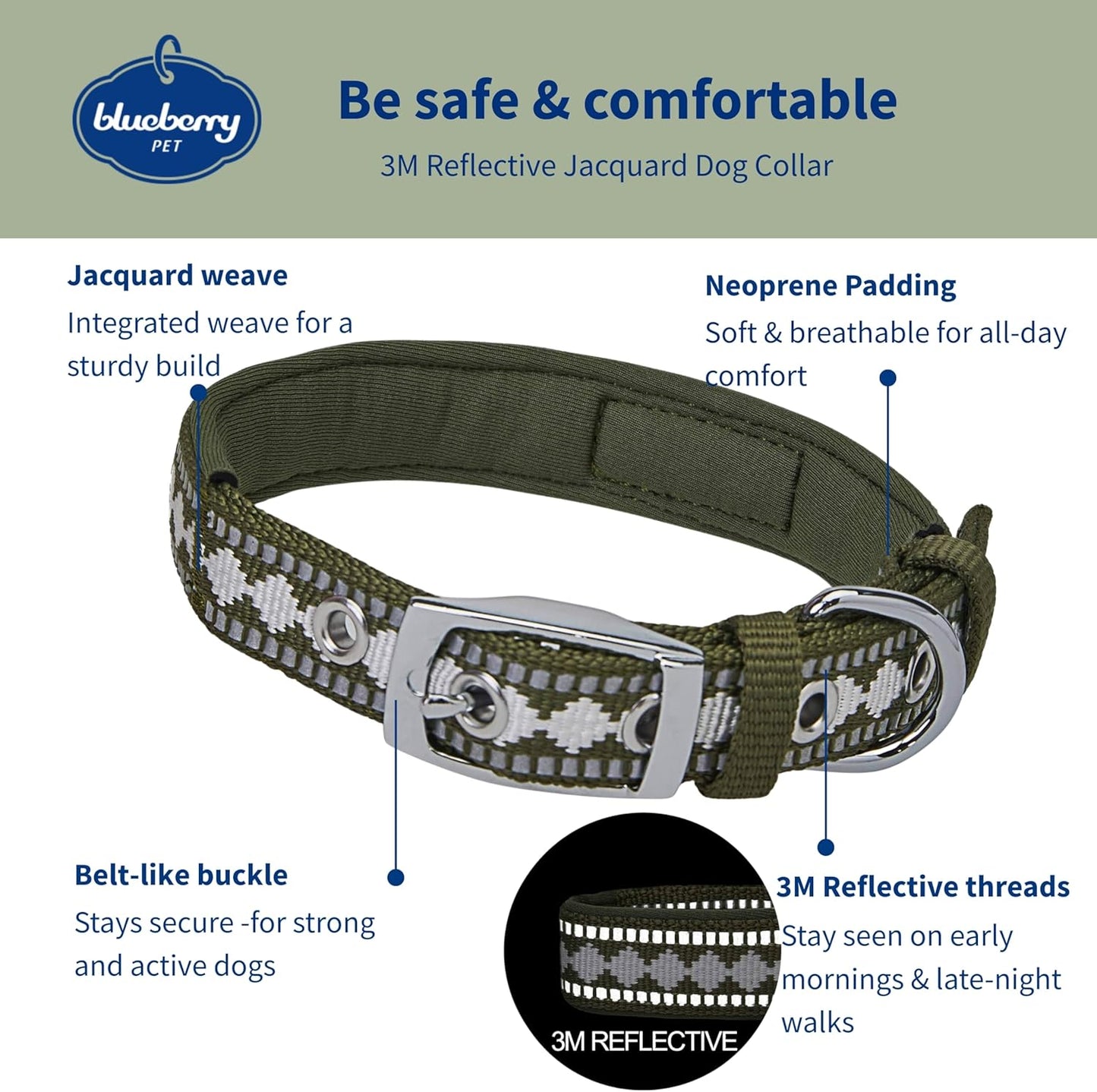 Reflective Jacquard Dog Collar with Neoprene Padding & Metal Buckle | Soft & Adjustable Safety Collar - Olive, Neck 13-16.5", for Medium Breed