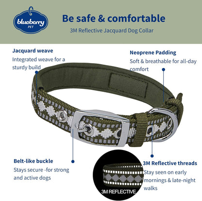 Reflective Jacquard Dog Collar with Neoprene Padding & Metal Buckle | Soft & Adjustable Safety Collar - Olive, Neck 13-16.5", for Medium Breed