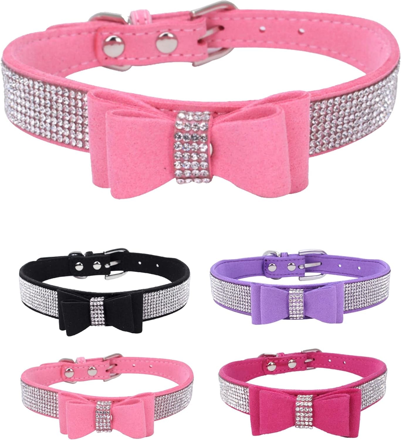 Dog Collar for Small Dogs, Adjustable Leather Suede Bling Dog Collars，Pink Dog Collar Cat Collar, Rhinestone Dog Collar(S, Pink)