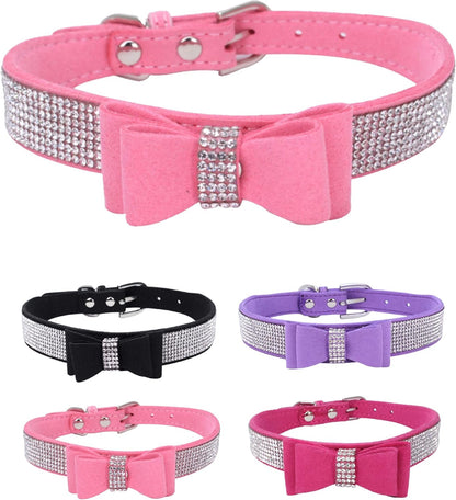 Dog Collar for Small Dogs, Adjustable Leather Suede Bling Dog Collars，Pink Dog Collar Cat Collar, Rhinestone Dog Collar(S, Pink)