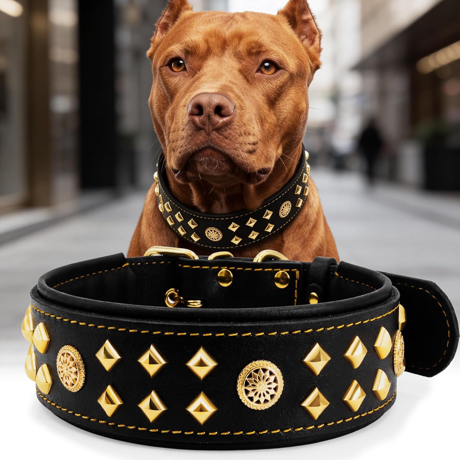 Eliteguard Genuine Leather Dog Collar, 2.2-Inch Handmade Studded with Stainless Steel Buckle, Daily Wear for Large Dogs, Brown 14-18.5 In
