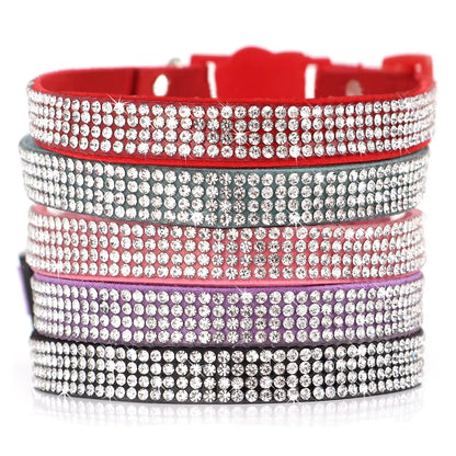 Soft Pink Suede Leather Cat Collar - Cute Bling Rhinestone Design, with Bell & Safety Breakaway Buckle, Adjustable XS/S Sizes