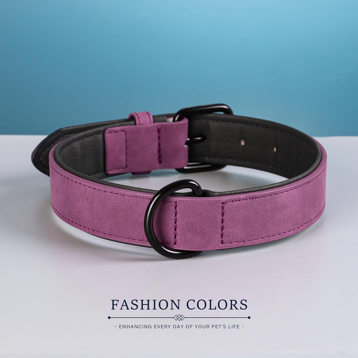 Soft Padded PU Leather Dog Collar, Breathable and Adjustable Dog Collars for Medium Dogs, Comfortable for Daily Walk, Purple, L Fit Neck 14-18"(22-44 Lbs)