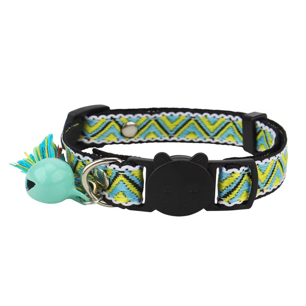Adjustable Cat Collar Polyester Jacquard Pattern Pet Collar with Bell and Tassel Decoration for Cats and Small Dogs to Keep Lost