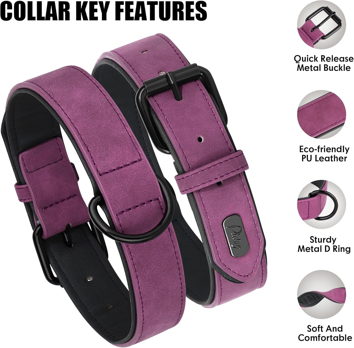 Soft Padded PU Leather Dog Collar, Breathable and Adjustable Dog Collars for Medium Dogs, Comfortable for Daily Walk, Purple, L Fit Neck 14-18"(22-44 Lbs)
