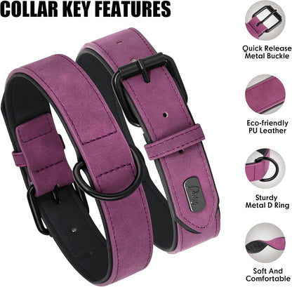 Soft Padded PU Leather Dog Collar, Breathable and Adjustable Dog Collars for Medium Dogs, Comfortable for Daily Walk, Purple, L Fit Neck 14-18"(22-44 Lbs)