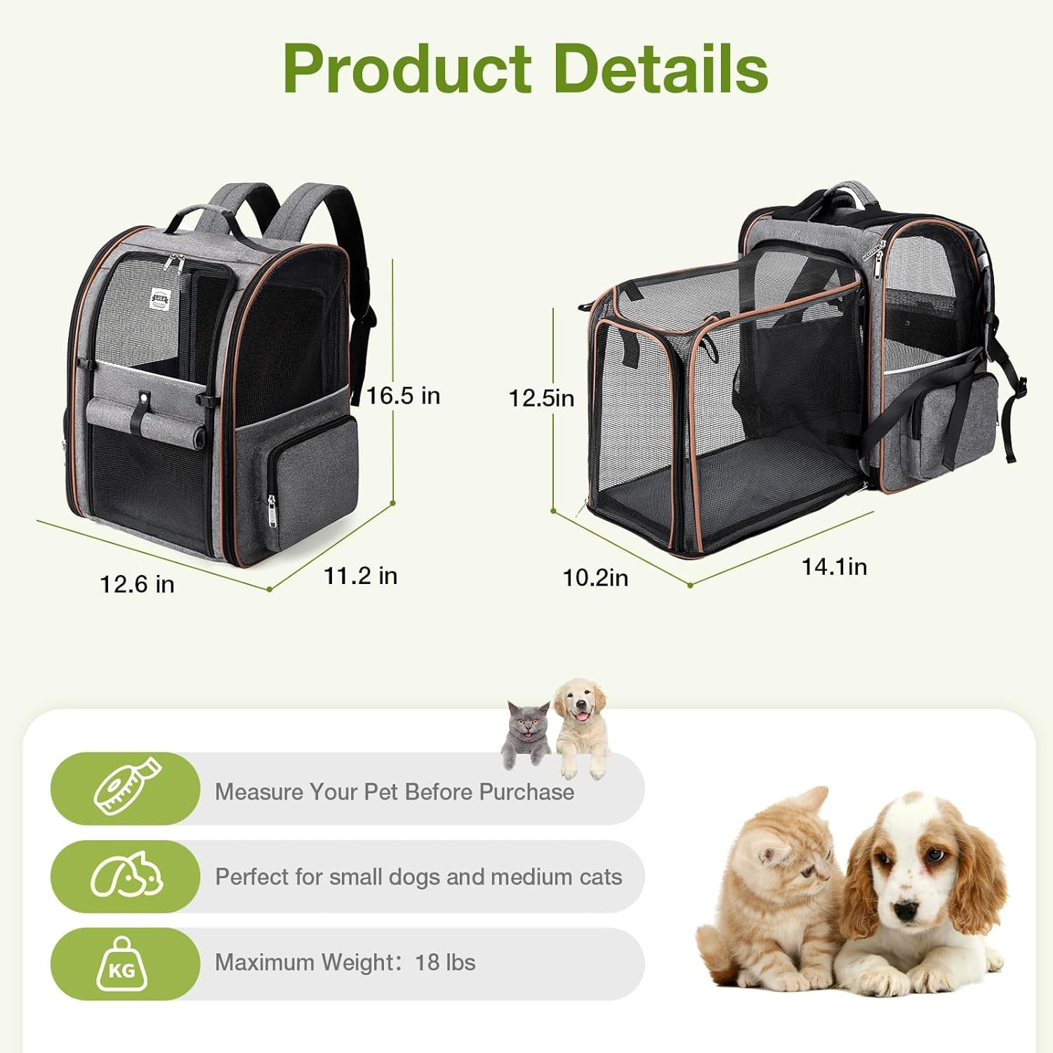 Cat Carrier Backpack, Expandable Pet Carrier with Sun Shade & Full Front Opening, Breathable Mesh Backpack for Small Dogs & Medium Cats up to 18 Lbs, Foldable for Hiking, Camping (Grey)