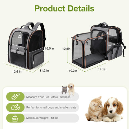 Cat Carrier Backpack, Expandable Pet Carrier with Sun Shade & Full Front Opening, Breathable Mesh Backpack for Small Dogs & Medium Cats up to 18 Lbs, Foldable for Hiking, Camping (Grey)