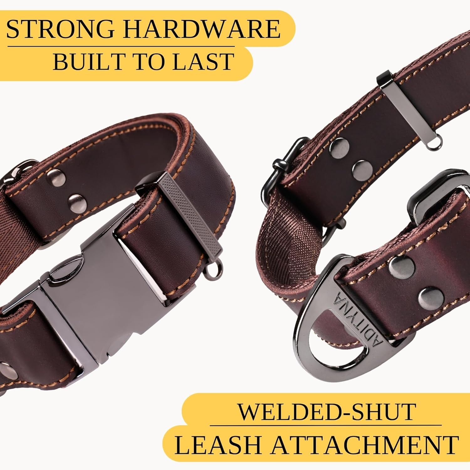 Leather Dog Collar with Metal Buckle - Heavy-Duty, Adjustable for Medium & Large Dogs - Walking, Training, Hiking (Brown, Fits 15-21" Necks)