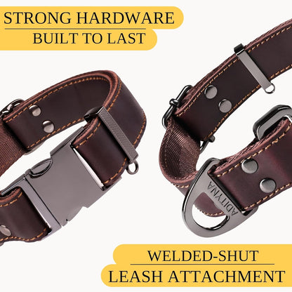 Leather Dog Collar with Metal Buckle - Heavy-Duty, Adjustable for Medium & Large Dogs - Walking, Training, Hiking (Brown, Fits 15-21" Necks)