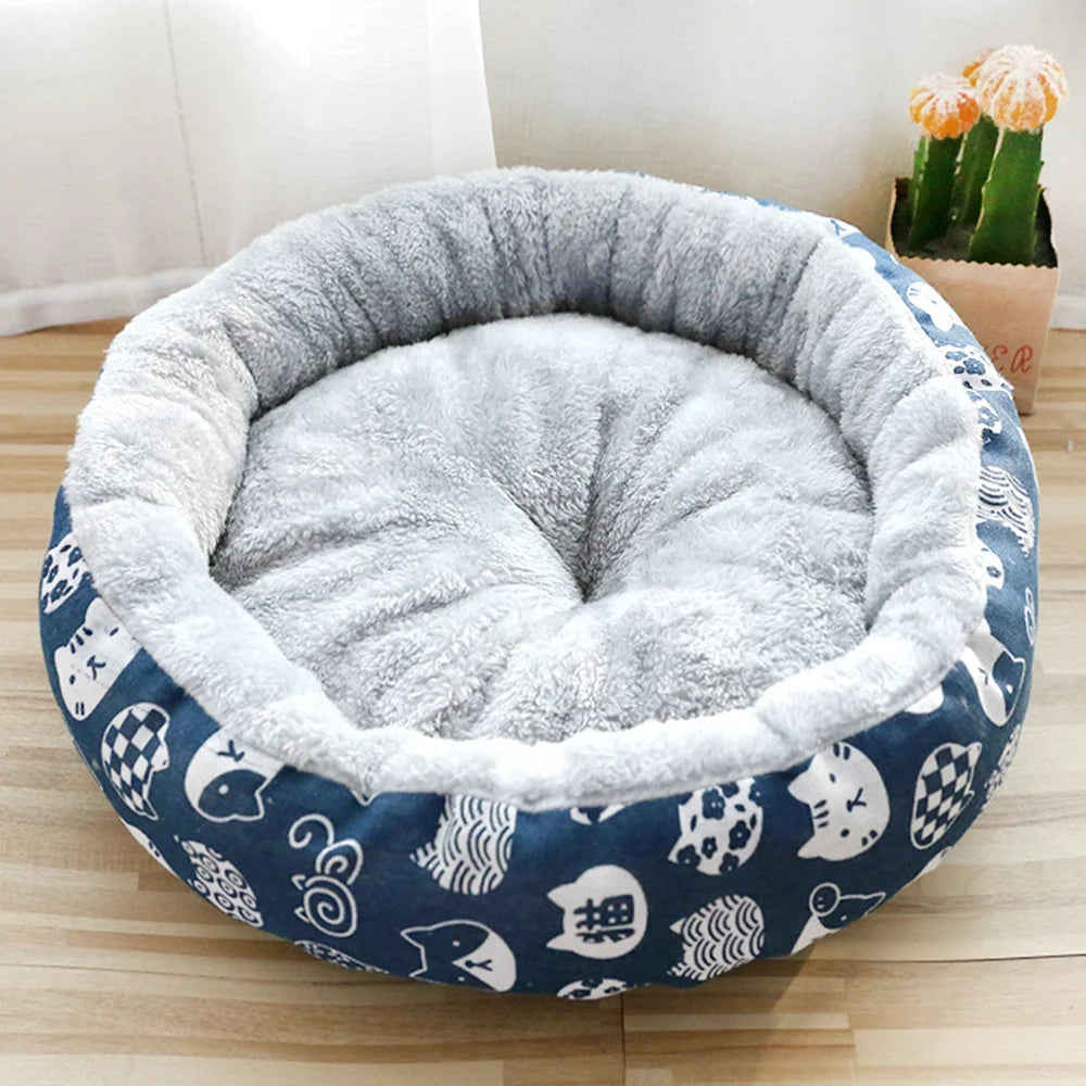14In round Cat Beds for Indoor Cats Small Dog Bed, Washable Soft Plush Calming Pet Bed for Kittens Puppy, Blue