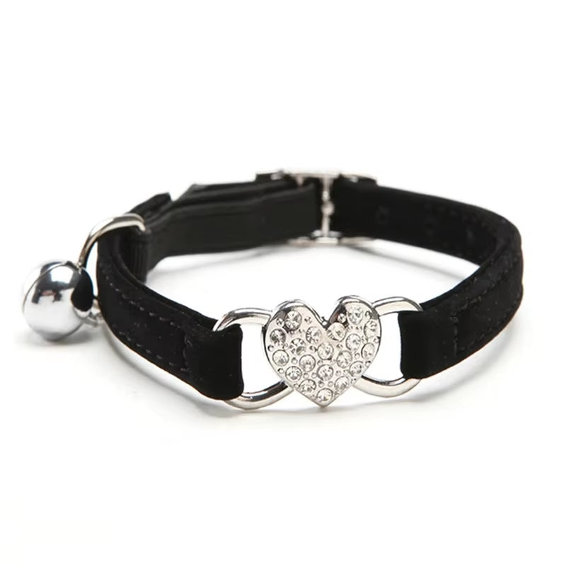 Heart Shaped Cat Collar with Bell Safety Elastic Adjustable Collar Soft Velvet Cat Crystal Collar for Kitten Puppy Pet Supplies