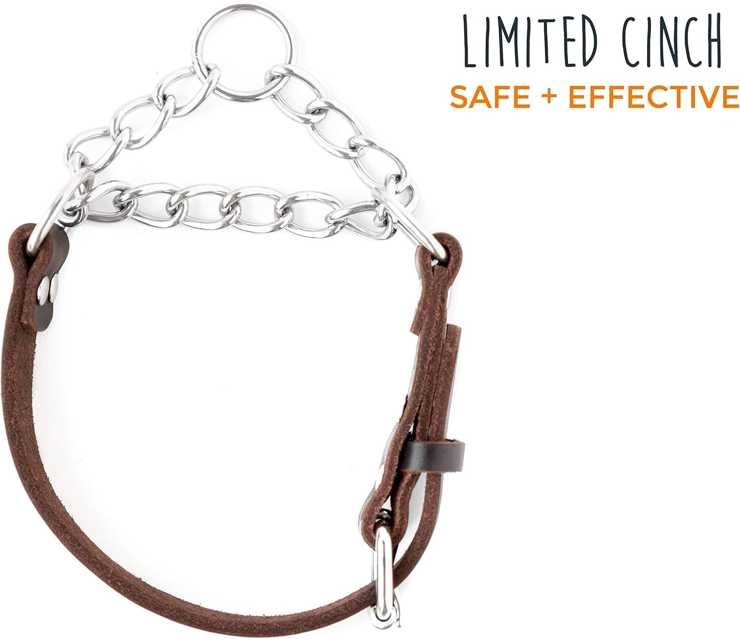 Martingale Dog Collar - No Pull Design - Stainless Steel Chain - Limited Chain Cinch Training - Brown Leather Martingale Training Collar - Small Size