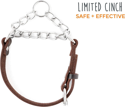 Martingale Dog Collar - No Pull Design - Stainless Steel Chain - Limited Chain Cinch Training - Brown Leather Martingale Training Collar - Small Size