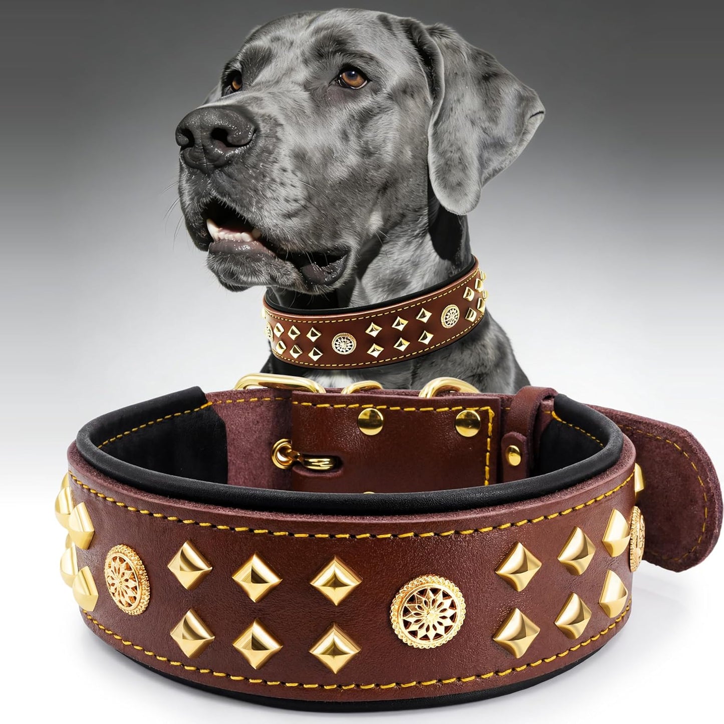 Eliteguard Genuine Leather Dog Collar, 2.2-Inch Handmade Studded with Stainless Steel Buckle, Daily Wear for Large Dogs, Brown 14-18.5 In
