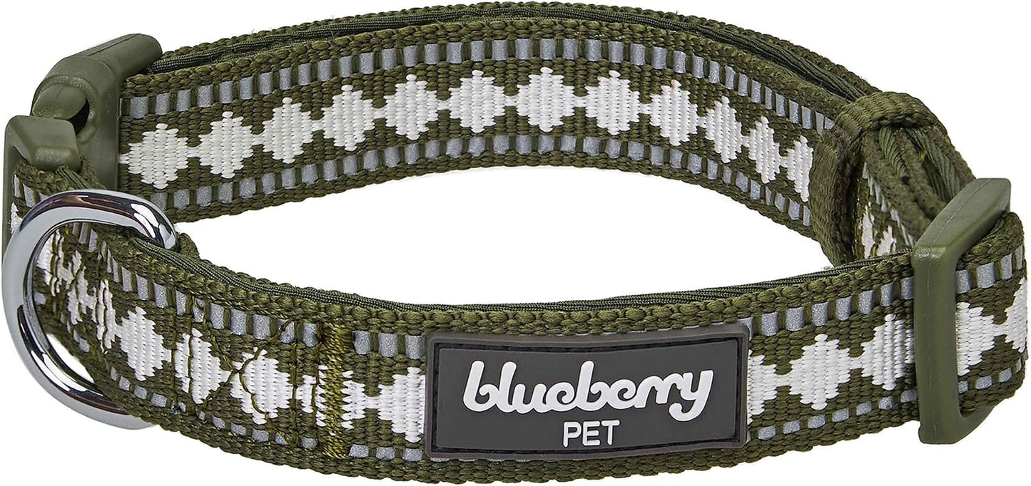Reflective Jacquard Dog Collar with Neoprene Padding & Metal Buckle | Soft & Adjustable Safety Collar - Olive, Neck 13-16.5", for Medium Breed