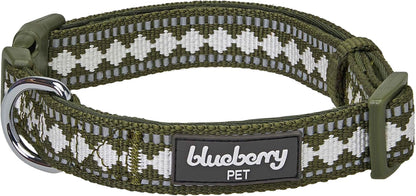 Reflective Jacquard Dog Collar with Neoprene Padding & Metal Buckle | Soft & Adjustable Safety Collar - Olive, Neck 13-16.5", for Medium Breed