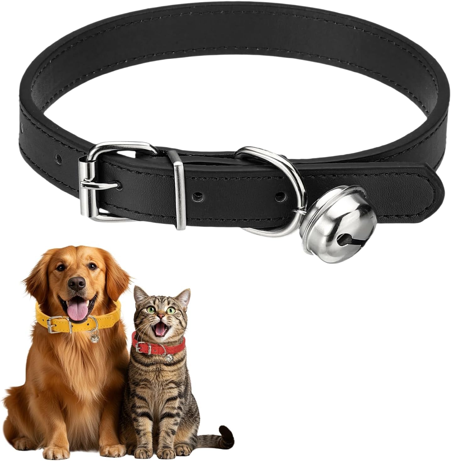 Dog Collar with Bell, Pu Leather Cat Collars Pet Basic Soft Padded Adjustable Buckle, 14.5" (Blue, 1 Pcs), Intended for Teacup/Little Dog/Kitten Cats/Small Animals